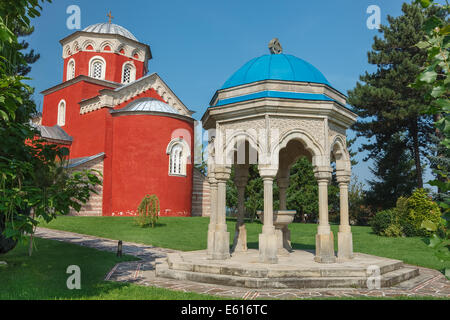 Monastery Zica. Temple of ascension and fonts in the courtyard of the monastery. 13th century Byzantine Romanesque monastery, Stock Photo