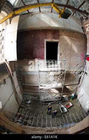 Dresden, Germany. 11th Aug, 2014. A staircase and a lift is built in a shaft in the Semper gallery that is being renovated in Dresden, Germany, 11 August 2014. The works are scheduled to be finished by 2017. The estimated total costs for the renovation are about 47 million euros. Photo: Arno Burgi/dpa/Alamy Live News Stock Photo