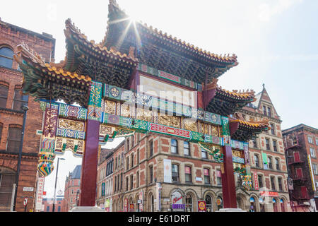 England, Manchester, Chinatown, Chinese Gate Stock Photo