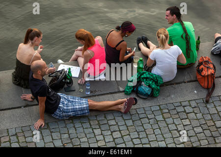 Naplavka is a promenade along the Vltava River, a meeting place and a lot of space for leisure activities Prague, Czech Republic Stock Photo