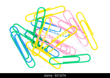 Coloured paper clips on a white background Stock Photo