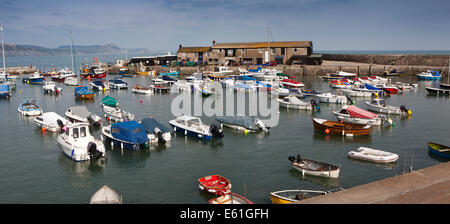 UK England, Dorset, Lyme Regis. boats moored within the Cobb Harbour, panoramic Stock Photo