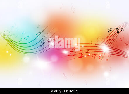 music notes and blurry lights on bright multicolor background Stock Photo