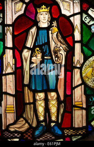 UK England, Dorset, Shaftesbury, Abbey ruins, King Alfred stained glass leaded window Stock Photo