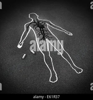Heart attack medical concept as a chalk drawing of a human on a pavement floor with a cracked hole in the asphalt shaped as a cardiovascular system heart organ as a cardiology symbol of the dangers of bad diet and living a stress filled unhealthy lifestyl Stock Photo