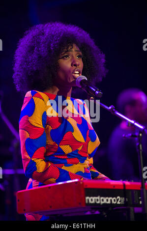 Laura Mvula singer songwriter performing on stage at Brecon Jazz Festival 2014 Stock Photo