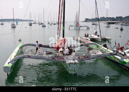 Team Actual multihull racing boat, skippered by Yves Le Blevec, moored in the marina at La Trinité-sur-Mer, Brittany, France.
