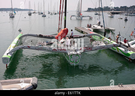 Team Actual multihull racing boat, skippered by Yves Le Blevec, moored in the marina at La Trinité-sur-Mer, Brittany, France.