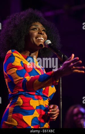 Laura Mvula singer songwriter performing on stage at Brecon Jazz Festival 2014 Stock Photo