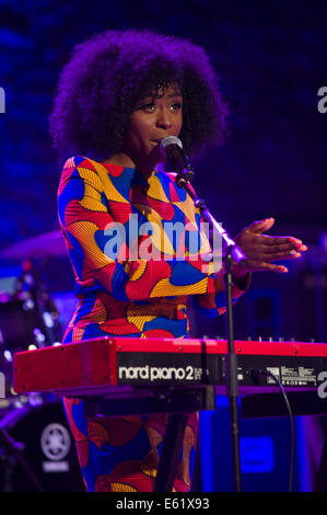 Laura Mvula singer songwriter performing on stage at Brecon Jazz Festival 2014 Stock Photo