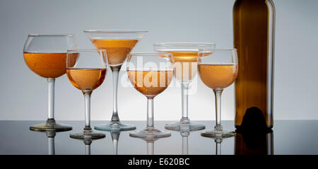 A panoramic image of assorted wine glasses filled with Rose wine. Stock Photo