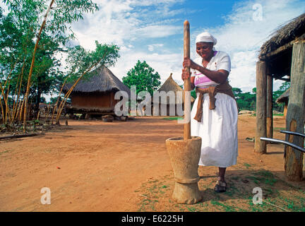 Woman pounding maize for cornbread in Zimbabwe village Stock Photo