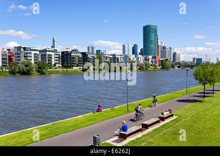 The River Main and, Westhafen Tower, Frankfurt am Main, Hesse, Germany, Europe. Stock Photo