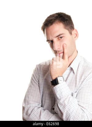 Young concerned businessman isolated over white Stock Photo