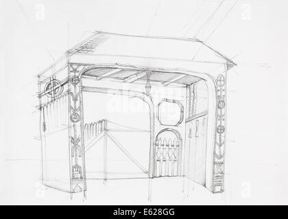 architectural drawing of rustic wooden gate, drawn by hand Stock Photo