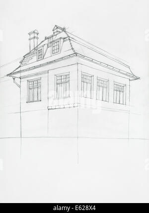 architectural sketch of house, perspective construction, hand drawn Stock Photo