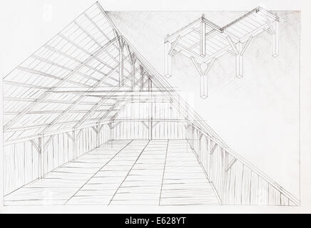 hand drawn architectural illustration of wooden attic, perspective view Stock Photo