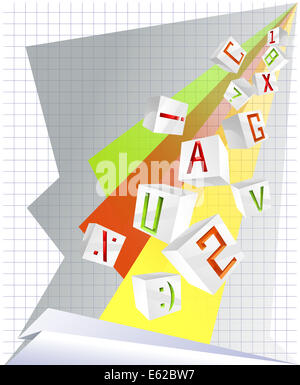 3D volume letters and shiny red, green and orange figures and signs on the list of paper Stock Photo