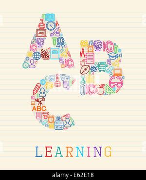 Learning global educational concept: letters ABC shapes made with school icons on lined paper sheet. EPS10 vector file organized Stock Photo