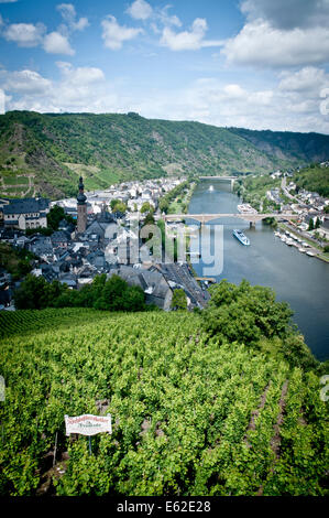 View of Cochem, River Mosel (Moselle) and vineyards from the Reichsburg Castle in Rhineland-Palatinate, Germany Stock Photo