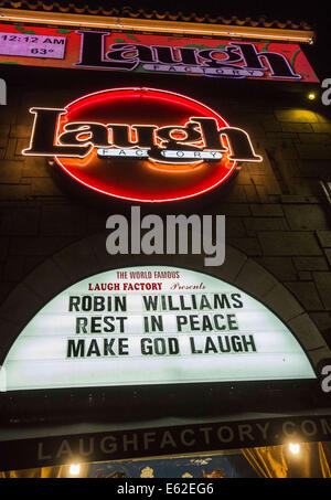 Los Angeles, California, US. 12th Aug, 2014. A message is displayed on the marquee at the Laugh Factory in West Hollywood pays tribute to actor Robin Williams. Academy Award-winning actor and comedian Robin Williams was found dead in his Marin County home earlier Monday of an apparent suicide. He was 63 years old. Credit:  Ringo Chiu/ZUMA Wire/Alamy Live News Stock Photo