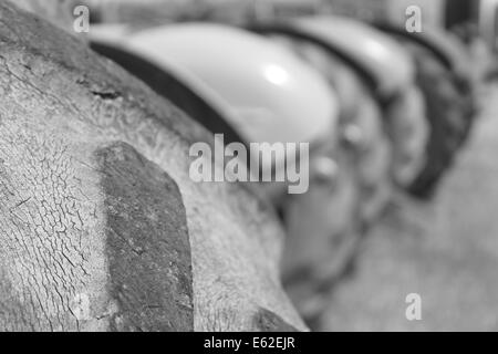 Black and white image of tractor tyres in a row Stock Photo