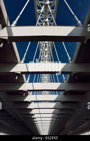 Abstract view of new Strandherd Armstrong steel suspension bridge over the Rideau River Ottawa Stock Photo
