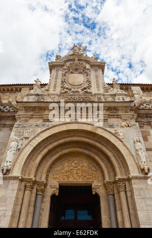 Main entrance general view of the romanesque San Isidoro church in the city of Leon Spain. Stock Photo