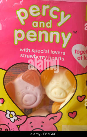 Bag of Marks & Spencer new percy and penny with special lovers strawberry hearts sweets together at last Stock Photo