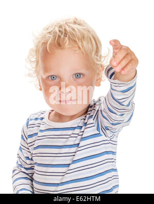 White curly hair and blue eyes baby shows something. Isolated on white background Stock Photo