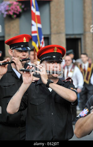 Members of the East Bank Protestant Boys Flute Band playing at the annual Apprentice Boys of Derry parade in Londonderry. Stock Photo