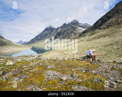 Svartdalen mountain pass in he National park of Jotunheimen in Norway, alpine landscape, male hiker resting on stone Stock Photo