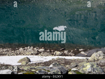 Reflection of mountainside with snow patch in a green glacier lake, Jotunheimen National Park Norway Stock Photo