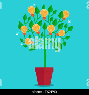 Tree concept in flat style - green plant with light bulbs on the branches - idea concept