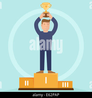 Victory concept - man holding golden bowl - illustration in flat retro style
