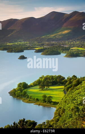 View over Derwentwater with town of Keswick beyond, the Lake District, Cumbria, England Stock Photo