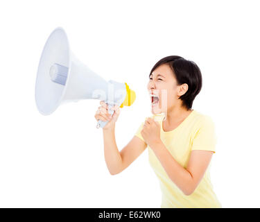 young woman holding megaphone.isolated on white background Stock Photo
