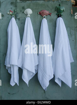 Four crisp white towels hang on beach themed hooks in an outdoor shower area Stock Photo