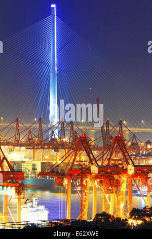 Port warehouse with containers and industrial cargoes at night Stock Photo