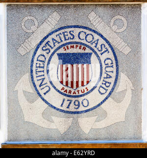 United States Coast Guard station crest in the form of a mosaic, North Water Street, Wilmington, North Carolina, USA Stock Photo