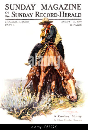 1900s SUNDAY MAGAZINE COVER LONE COWBOY SITTING RESTING ON HORSE WEARING WOOLY CHAPS Stock Photo