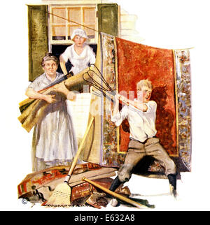 1920s FAMILY DOING SPRING CLEANING BOY BEATING CARPETS BASEBALL BAT AT HIS FEET FROM MAY 19, 1921 LITERARY DIGEST Stock Photo