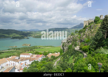 View over the village on the Embalse de Zahara and the castle, Zahara de la Sierra, Andalucía, Spain Stock Photo