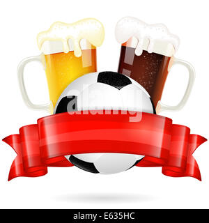 Soccer Poster with Ball, Glasses of Beer and Red Ribbon, isolated on white Stock Photo