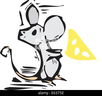 Woodcut style image of a mouse with cheese. Stock Vector