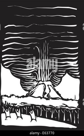 Woodcut image of a volcano erupting with people. Stock Vector