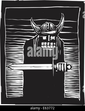 Woodcut image of a Viking warrior in a horned helmet and carrying a sword. Stock Vector