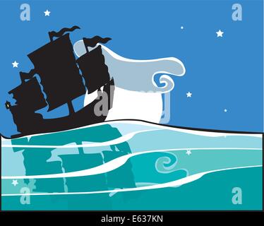 Chinese Junk sailing at night with reflection on the water. Stock Vector