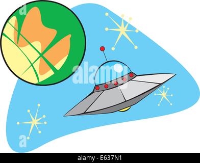 Flying Saucer in the orbit of Mars rendered in a 1950s retro style. Stock Vector