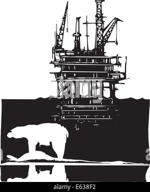 Woodcut style image of a polar bear and an oil rig in the arctic. Stock Vector